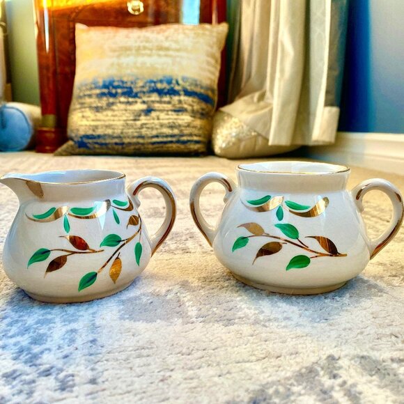 Vintage 1950s Ellgreave Green Leaf & Gold Vine Cream & Sugar Serving Set - Picture 1 of 9